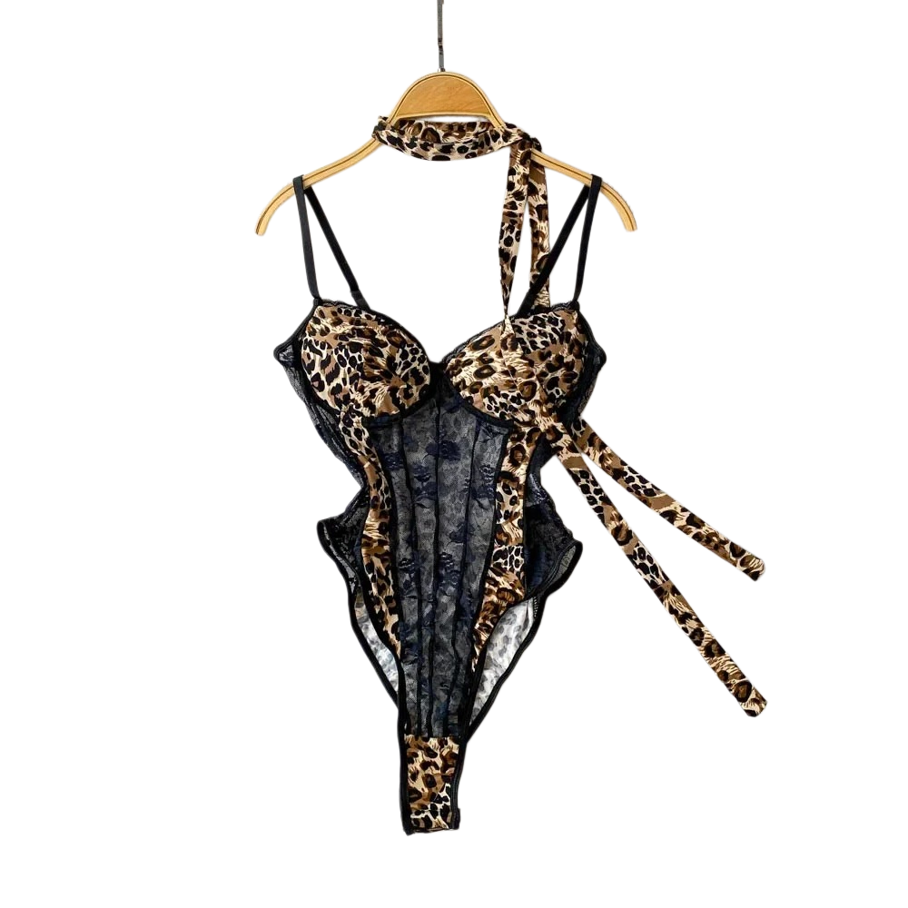 Vintage Necklace - Bodysuit wanita model V-neck motif leopard,